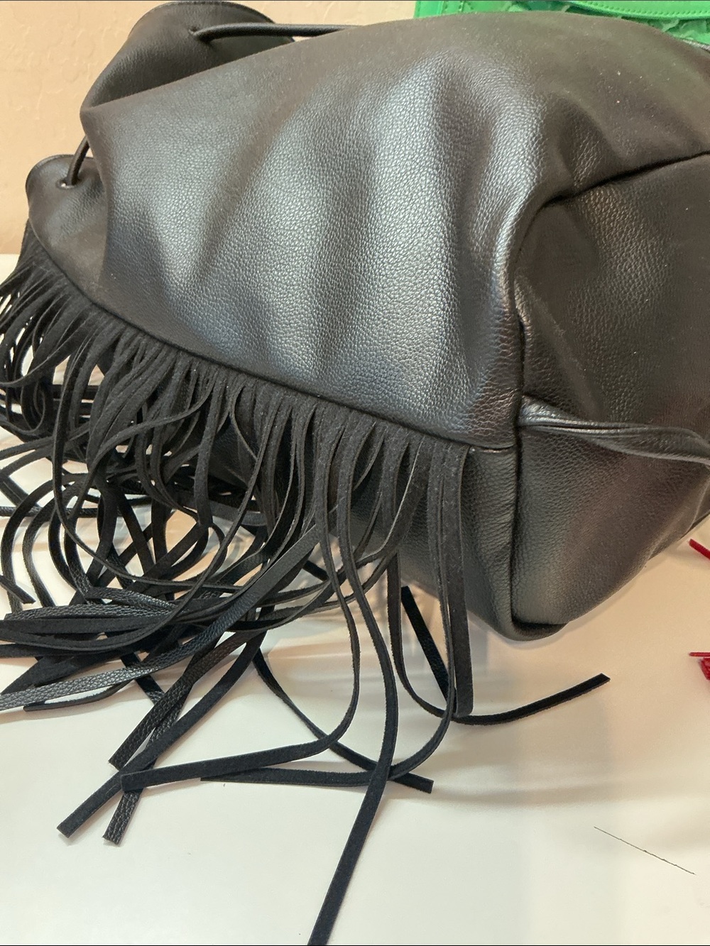 VICTORIA’S SECRET Black boho faux leather Fringe Drawstring Backpack bag - Picture 6 of 9
